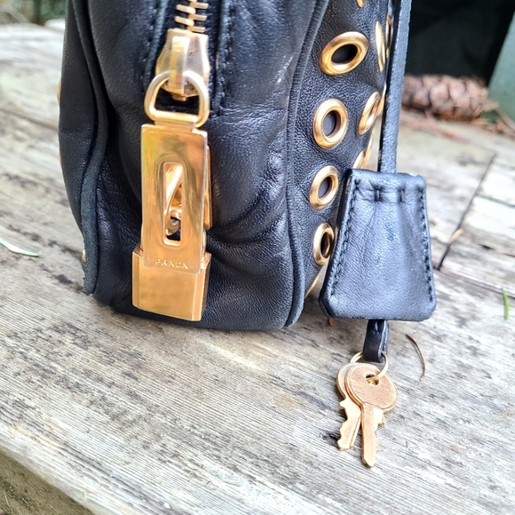 Prada Gold Grommet Black Leather Hand Bag w/ Lock and Keys - Picture 7 of 11